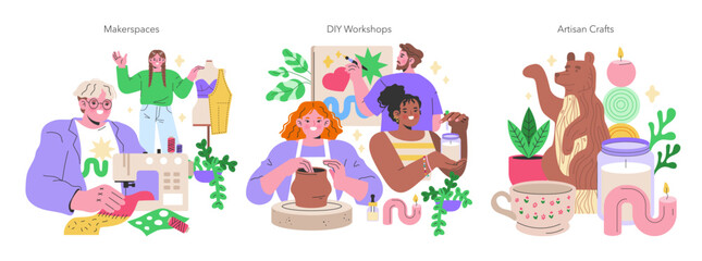 Maker Culture concept A vibrant showcase of makerspaces, DIY workshops, and artisan crafts, highlighting hands-on creativity and personal craftsmanship Vector illustration