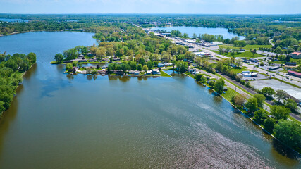 Aerial View of Serene Suburban Lake Community, Warsaw, Indiana