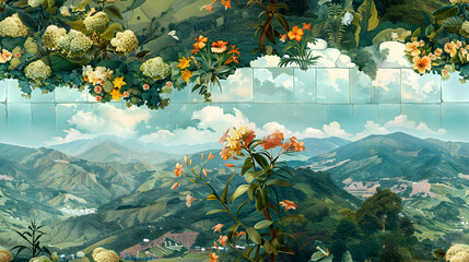 Obraz na płótnie Canvas Mountain Blossom Tiles: Lush Medellin Landscapes During Feria de las Flores Photo Realistic Mountain Concept in Adobe Stock