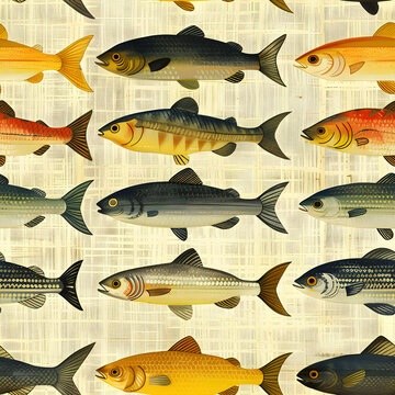 Minimalistic fish pattern illustration with stylized variety of fish on a textured beige backdrop