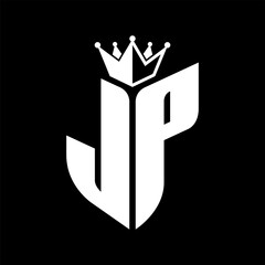 JP Letter monogram with shield shape with crown black and white color design
