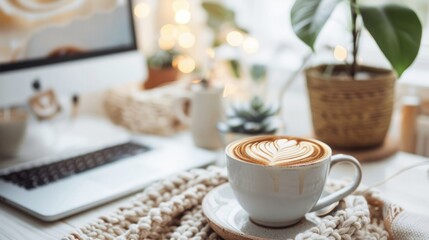 A cappuccino on a work table in a boho-style office