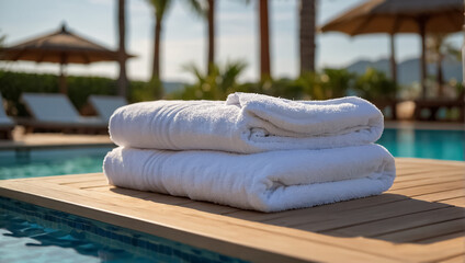 Towels on sun loungers near the pool
