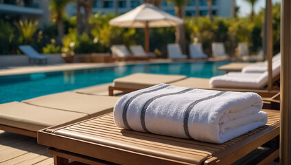 Obraz premium Towels on sun loungers near the pool