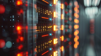 server room and big data storage concepts with orange light glow