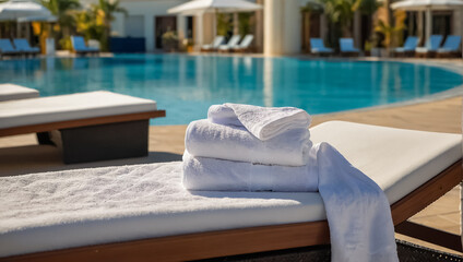 Towels on sun loungers near the pool vacation