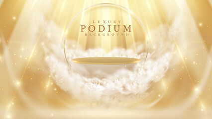 Luxury Podium with Celestial Clouds and Golden Light. Vector Illustration.