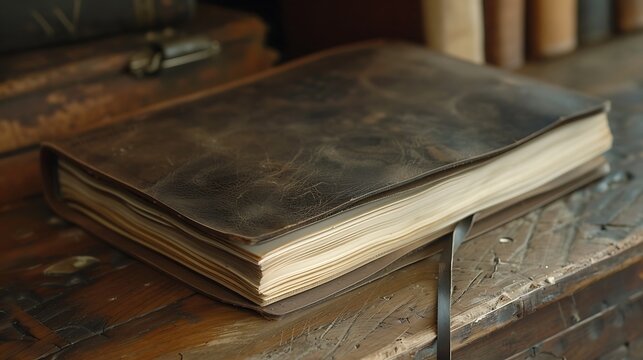 A high-quality, leather notebook embossed with a custom logo, open to reveal meticulous notes and strategies