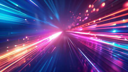 A colorful, blurry image of a highway with a bright light in the middle. Concept of motion and energy, as if the viewer is looking through a tunnel or a tunnel of light