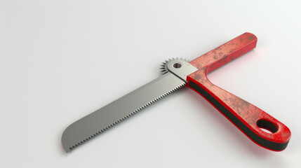 Close-up of a red handled hand saw with a circular blade, isolated on a white background, showcasing industrial tools.