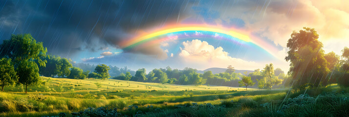 Photo realistic of a Rainy Day Rainbow in the Countryside Concept   A vivid rainbow arches over a peaceful countryside, enhancing its pastoral beauty after a gentle rain. Photo Sto