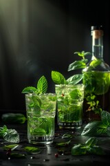 Elegant presentation of a classic mojito cocktail with lime, mint, and ice on a dark background with soft lighting