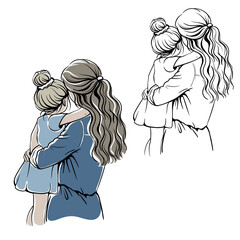 Vector illustration of a mother and daughter embracing, depicting maternal love, care, and celebrating occasions like Mother's Day and Daughter's Daymonochrome, Monochrome illustration
