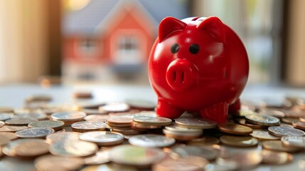 A vibrant red piggy bank sitting on a stack of money, containing savings, real estate deals, investment plans, money management techniques, and loan alternatives.