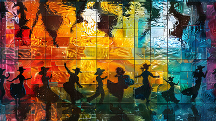 Photo realistic Salsa Dance Tiles concept: Vibrant tiles capturing the dynamic salsa dances, a festival highlight bursting with energy and color