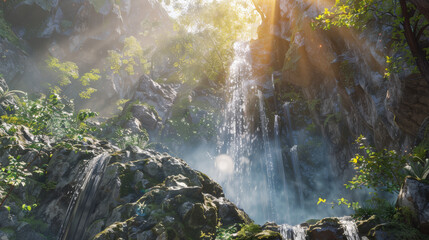 /imagine prompt: An immersive mountain waterfall oasis, secluded and serene, where water cascades down cliffs detailed with PBR textures, surrounded by vibrant greenery. 