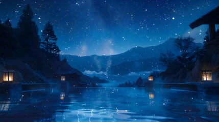 Enchanting Photo Realistic Image of Starlit Hot Springs Soaking Under a Celestial Sky   Warmth and Wonder Combined in Stunning Photography Concept