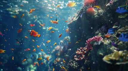 An underwater cliff adorned with diverse coral species and swarming with vibrant fish, dynamic water currents. 