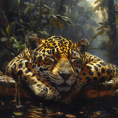 Un jaguar durmiendo en un barco en la selva tropical