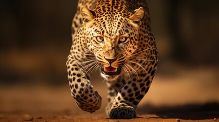 Fototapeta premium Leopard actively pursuing its prey in a thrilling chase across the untamed wilderness