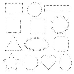 Geometric shapes set created from dotted lines vector design elements. Dotted lines shapes for children's educational development, coloring book.
