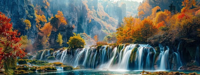 A beautiful waterfall surrounded by trees and mountains. The water is crystal clear and the colors of the leaves are vibrant. The scene is peaceful and serene, making it a perfect place to relax