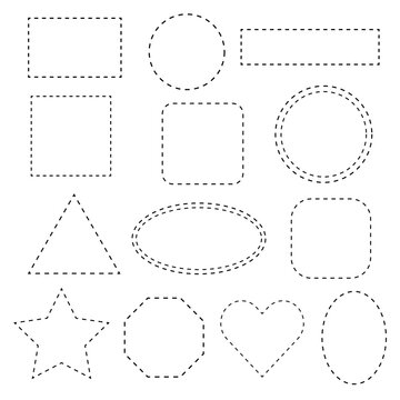 Geometric shapes set created from dotted lines vector design elements. Dotted lines shapes for children's educational development, coloring book.