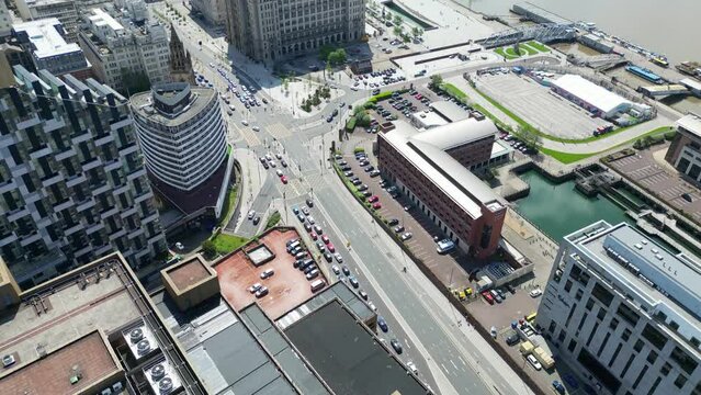 Aerial View of Historical and Modern British City Centre of Liverpool,  The Maritime city in northwest England, United Kingdom. May 5th, 2024
