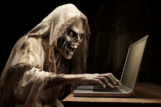 Spooky grim reaper with a sinister smile using a computer in a dark, eerie setting