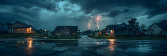 Moody Atmospheric Photo Realistic Suburban Twilight with Menacing Thunderstorm   Ideal Concept for Stock Photography