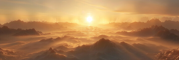 Photo realistic Sunrise Over Misty Mountains: Early rays piercing misty peaks, perfect for stunning natural wallpapers in Adobe Stock.