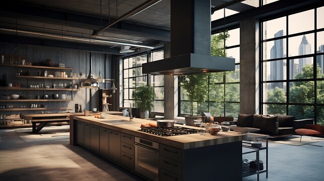Urban industrial kitchen with exposed ductwork, concrete countertops, and black steel-framed windows. --ar 169 --v 5.2 - Image #2 @Mujahid Khan