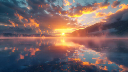 Spectacular Sunset Hot Springs Vista: Colorful Reflections in Steamy Waters at Dusk   Photo Realistic Stock Concept