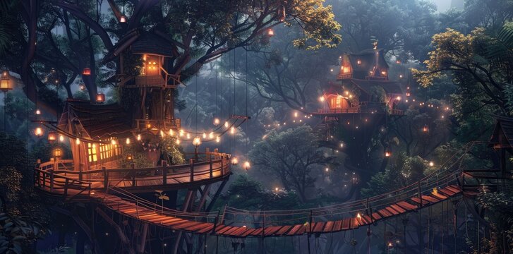 Fototapeta A treehouse with wooden walkways and rope bridges, nestled in the heart of an enchanted forest at night. The house is adorned with hanging lights and surrounded by lush greenery.