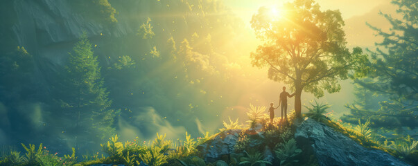 Obraz premium Silhouette of two people standing near big tree in nature. Love of nature concept.