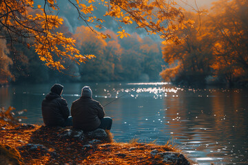 Anglers patiently waiting for fish bite, casting lines from tranquil lakeshore .Two people enjoying the sunlight by a lake surrounded by vegetation - Powered by Adobe
