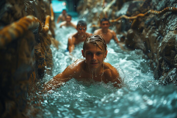 Aquatic obstacle course participants tackling challenging obstacles with determination .Group of organisms enjoying bathing in fluid waterfall for leisure and fun