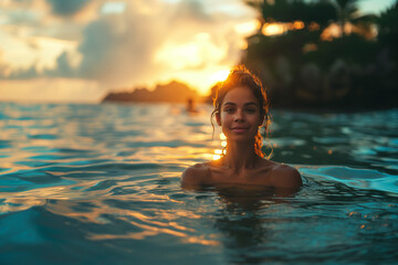 Aquatic yoga practitioners finding peace on paddleboards, mastering poses on tranquil waters .Woman swimming in liquid body of water at sunset, under the colorful sky