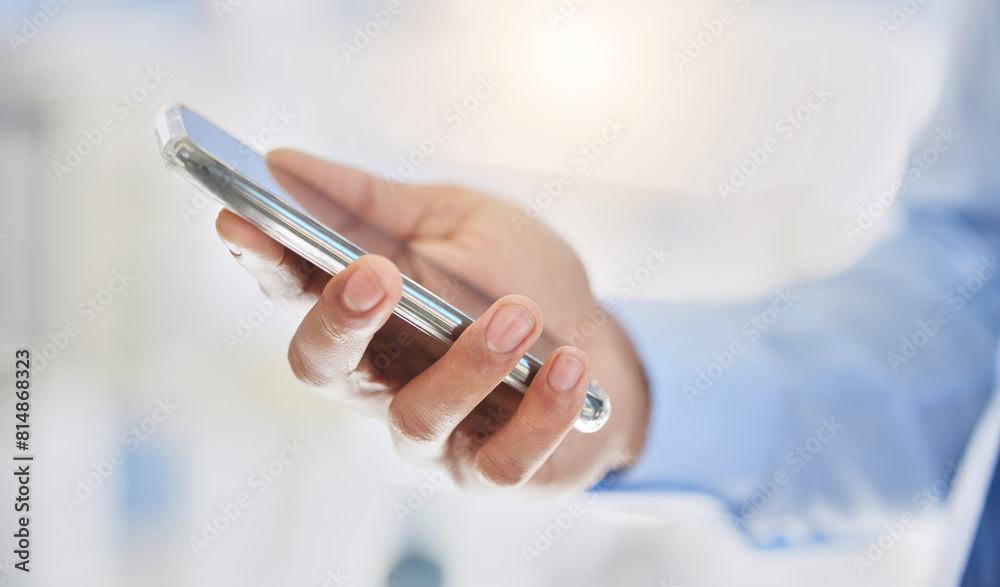 Poster businessman, smartphone and hands in office with closeup for contact with technology in corporate co