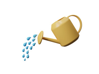 Watering can and drops of water falling from the watering pot icon isolated on transparent background. Gardening tools, agricultural implement, Cartoon minimal style. 3d rendering illustration