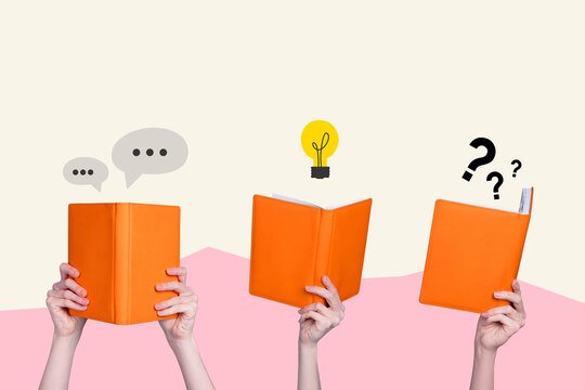 Composite photo collage of hands hold book light bulb enlightenment question mark text box plot literature isolated on painted background
