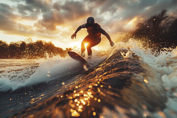 Wakeboarders catching air off wake waves behind a speeding boat, executing aerial maneuvers with skill .Man having fun surfing on a liquid wind wave, enjoying leisure time in nature - Powered by Adobe