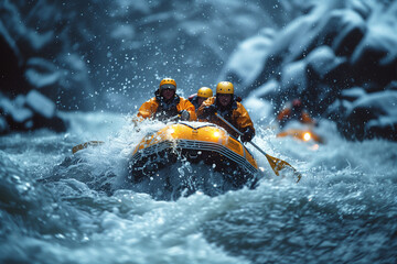 Whitewater rafters navigating through turbulent rapids, conquering churning waters .Group navigating water in boats, helmets on, using paddles