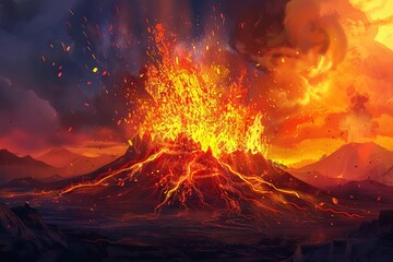explosive volcanic eruption with fiery lava spewing from the crater capturing the raw power and untamed beauty of natures fury digital painting