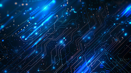 Obraz premium A computer chip with many blue lights on it. The lights are scattered all over the chip, creating a sense of movement and energy. The image conveys a feeling of technology and innovation