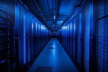 Blue light in the server room. Rows of server racks with bright blue lights in a modern data center.