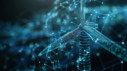 Digital wireframe hologram model of a wind turbine  with in a complex network of blue connectivity lines and nodes.
