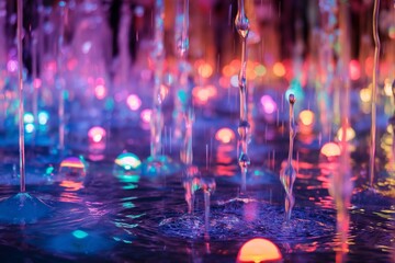Colorful water drops falling down with blurred lights in the background.