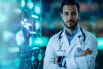 Confident young male doctor in white coat standing with arms crossed in front of blue technology background.