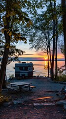 a modern travel trailer parked atop sand by the lake, offering a picturesque view of the serene water, sunset, and surrounding trees, with a picnic table nearby, outdoor tent set up next to it.